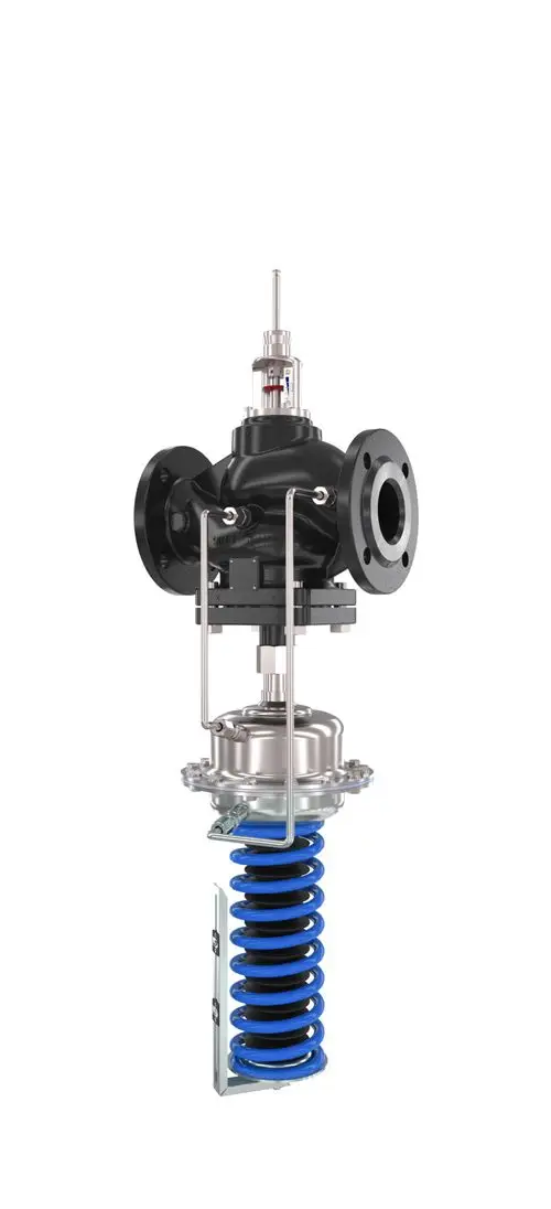 Danfoss Regelventil mit blauem Federmechanismus, schwarzen Kunststoffteilen und einer Verbindung für Druckleitungen, zur automatischen Steuerung von Durchfluss in Rohrsystemen.